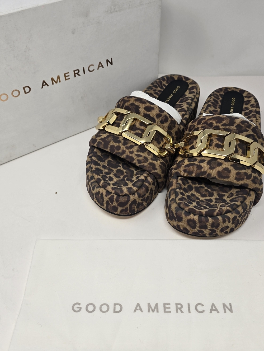 Good American Womens Size 8.5 Leopard Print Cheetah Platform Chain Slides Sandal